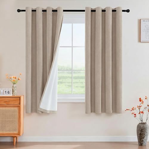 Image of PrinceDeco Blackout Curtains Linen Blended 63 Inch Long Room Darkening Black Out Curtains for Living Room with Natural Slubs & Grayish (Not Solid) Thermal Insulated Grommet 2 Panels - Heathered Sand