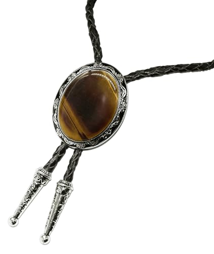 Image of Moranse Bolo Tie with Natural Tiger Eye Stone Celtic Style Genuine and Cowhide Rope