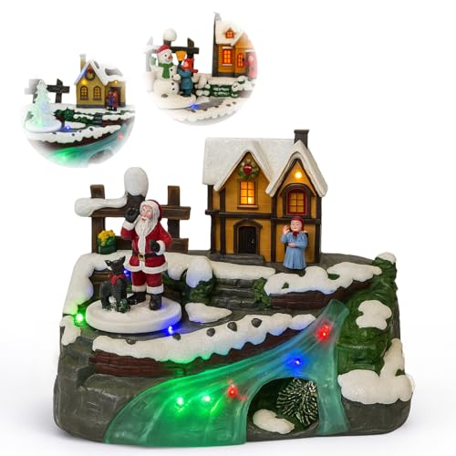 PALUPLUS Villaggio di Natale con Casa Innevata e Ruscello Illuminato, Misura 21x15x15 cm, Giostrina da Tavola con Luci, Musica e Movimento, Decorazioni Natalizie, con Dettagli Assortiti -1813C -0,98