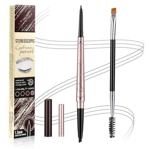 BUTBU Lapiz Cejas 2 en 1, Lápiz De Cejas Automático Dos Puntas, Professional Makeup Láp-iz de Cej-as Perfectas Micro Brow Pencil, Waterproof, con Pincel, Define y Rellena（#1 Marrón Oscuro）