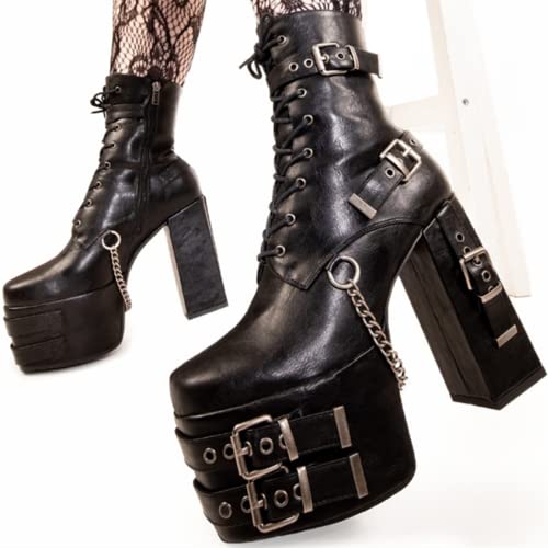 DETOGNI Women's Gothic Silver Eyelets Buckles Straps Block High Heel Lace Up Booties Punk Hanging Chain Zipper Sexy Chunky Platform Ankle Boots3