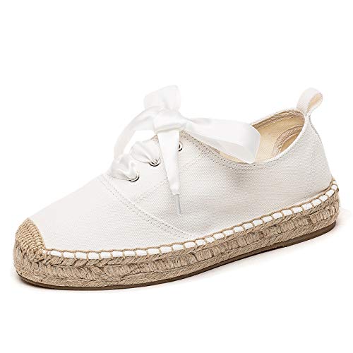 U-lite Casual Canvas Lace-up Flats Shoes Non-Slip Platform Espadrilles Sneakers for Women Girls White 7.5