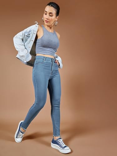Image of Miss Chase Women's Skinny High Rise Cropped Fringed Hemline Detailing Stretchable Denim Jeans