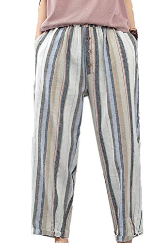 Minibee Womens Striped Linen Pants Casual Wide Leg Cropped Trousers Light Blue
