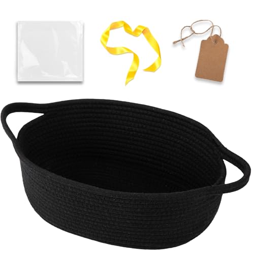 Image of OIAHOMY Small Woven Basket with Gift Bags, Ribbons & DIY Label Card, Baskets for Gifts Empty, Small Rope Basket 12 * 8 * 5IN, Cute Decorative baskets with Handles for Baby Pets, Toys, Black