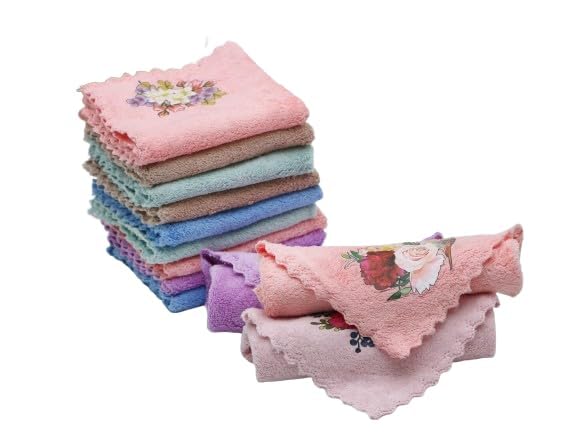 THE HOME TALK Face Towel 25x25 Cm Handkerchief for Kids | Solid Face Towel | Polyester Cotton | Super Soft | Birthday Gifting, Kanjak, School Going Kids (Pack of 12, Floral Print)