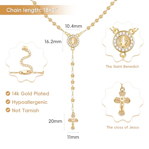 Women's Gold Saint Benedict Necklace - 14k Gold Plated Rosary Beads Cross Necklaces,Non Tarnish Golden Y Chain Catholic Miraculous Medal Protection Necklaces,Religious Crucifix Jewelry Gift for Her4