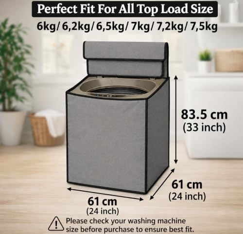 Image of Washing Machine Cover Top Load 6kg to 7.5kg | Heavy Duty Waterproof Polyester Protective Cover | Dustproof & UV Resistant | Universal Fit For All Fully Automatic Machine (Gray)