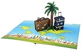 La tarjeta más mágica: cuando abres la tarjeta, el asombro de maletas y una palmera salta de la tarjeta, con la tarjeta maravillosamente decorada con el mapa del mundo. El destinatario se sorprenderá con los detalles y colores.