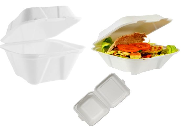 BH | Bagasse Clamshell Takeaway Burger Box | 6 Inches | 100-PACK | Biodegradable Compostable, and Recyclable Food Boxes, Made from Natural Sugarcane Fibre - By BEST HOUSE