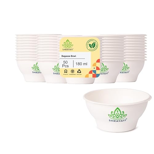 Image of Shrayati Sugarcane Bagasse Bowls, 180 ml, 50 Pcs, Biodegradable Bagasse Disposable Round Bowls for Convenient and Sustainable Eating