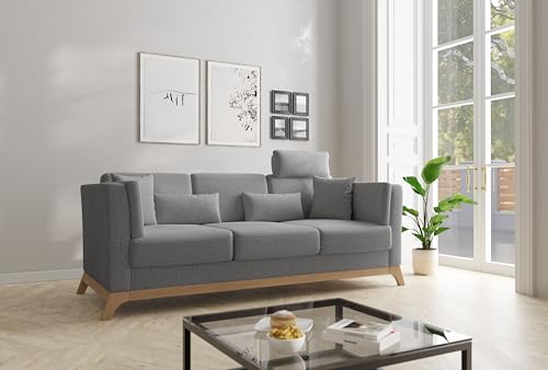 Cavadore 3er-Sofa Vida / 3-Sitzer Couch im trendigen Design mit massivem Holzrahmen in Eiche, Kopfstütze mit Kuschelkissen / 213 x 84 x 93 / Chenille, Grau – Bild 3