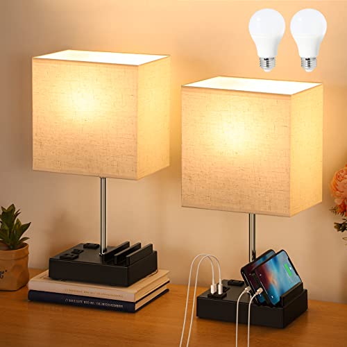 Table Lamps For Bedroom Set Of 2 Bedside Lamps With Usb & C Ports And Outlet Modern Nightstand Lamp Sets White Small Lamp With Phone Stands Desk Lamps With Linen Shade For Living Room Study And Kids #TOP25