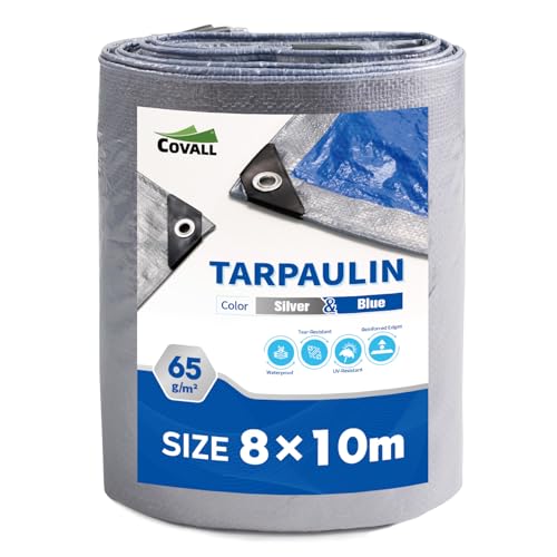 Covall Tarpaulin Lightweight Tarp Groundsheet Sheet Cover 8x10m Waterproof 65g/m² Silver&Blue tarpaulin with eyelets Weatherproof Windproof UV-Resistant for Car Truck Rv House Tent Boat Pool