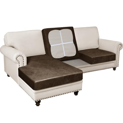 Pfrstuv 3PCS Couch Cushion Covers for Sectional Sofa Leather Look L Shape Couch Both Left/Right Chaise Lounge Separate Cushion Sofa Seat Slipcovers (2 Seater + 1 Chaise, Dark Brown)