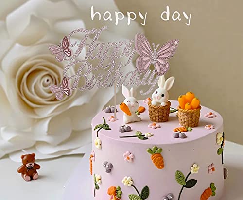 Glitter Double Sided Butterfly Happy Birthday Cake Topper, Assembled Rose Gold Cake Toppers With 3D Butterflies Decorations For Girls Woman's Birthday Party Decor Supplies #TOP4