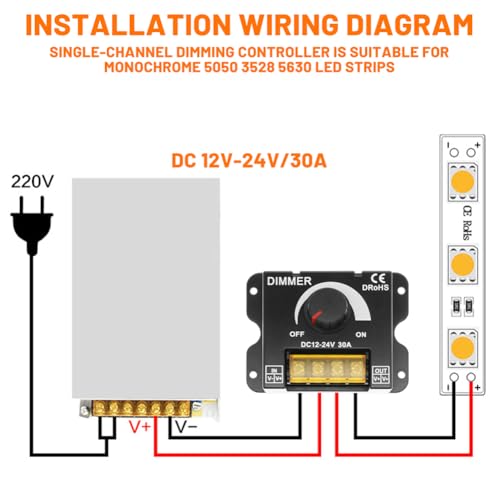 Ściemniacz LED, 4 sztuki, DC 12 V, 24 V, 30 A, PWM do taśm LED, regulator jasności, przełącznik ściemniania z pokrętłem do regulacji, włącznik/wyłącznik, ściemniacz, kontroler do regulacji jasności