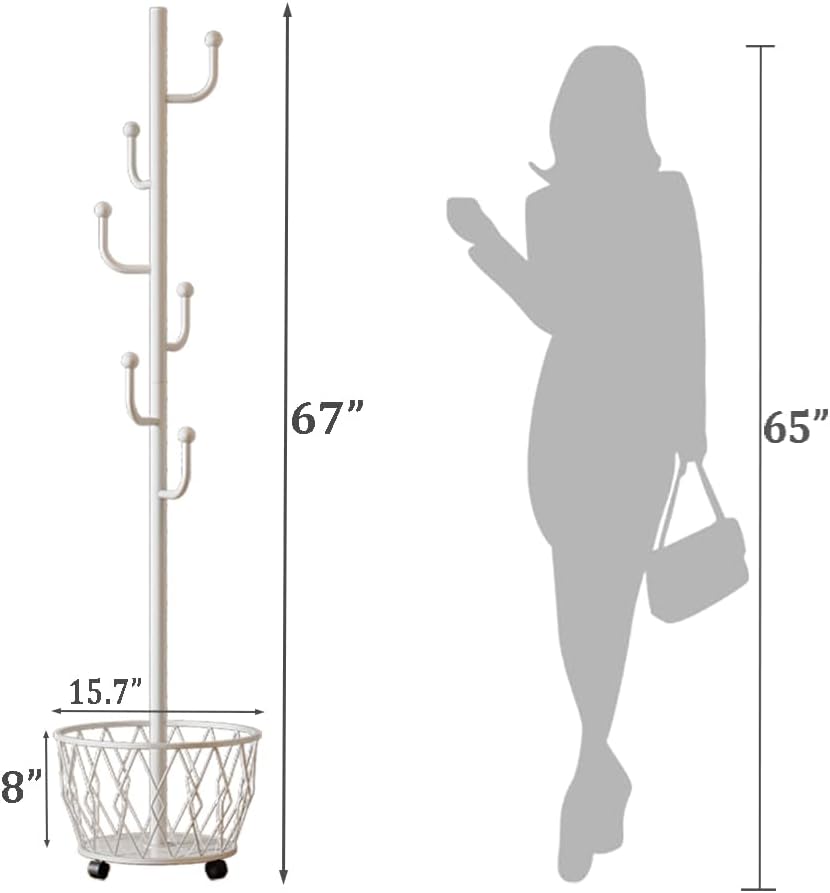 White Cactus shaped Coat Rack Hanger Freestanding, Metal Clothes Rack with Basket 6 Hooks to Hang Clothes, Hat, Bag for Entryway, Hallway, Bedroom