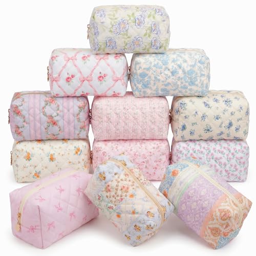 Qinyoung 12 Packs Quilted Makeup Bag Bulk Flower Theme Toiletry Cosmetic Pouch Aesthetic Makeup Organizer Travel Floral Emergency Bag with Zipper for Bridesmaid Gifts, Daily Use