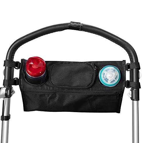 Jazooli Buggy Pram Bag Organiser Baby Pushchair Stroller Storage Cup Holder Travel Bag Pouch Pocket Drinks Cup Bottle Holder, Universal Fit, 36cm x 13cm x 12cm (Black)
