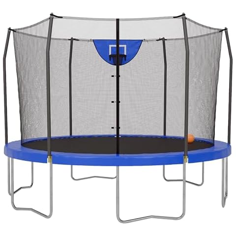 Skywalker Trampoline Outdoor Jump N' Dunk 8 FT, 12 FT, 15 FT, Round Outdoor Trampoline with Net, Trampoline Mat, and Basketball Hoop for Trampoline, ASTM Approval, 800 LBS Weight Capacity - Blue Cover