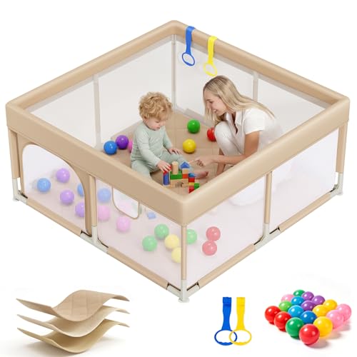 Image of Kidirect Baby Playpen with Play Mat 47x47 - Small Playpen for Babies & Toddlers, Activity Center, Indoor Outdoor, Beige