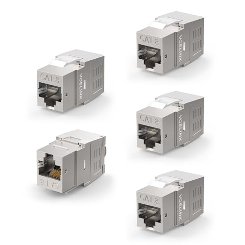 VCE RJ45 Cat8 Shielded Keystone Jack, 40Gbps 180-Degree Easy Toolless Modular Jack PoE for 22 to 24 AWG Solid or Stranded S/FTP Ethernet Cable, Silver, 5 Pack