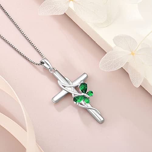 Yifsiy Cross Necklace 925 Sterling Silver Butterfly Pendant May Birthstone Emerald Jewelry Gifts Necklace For Women #TOP3
