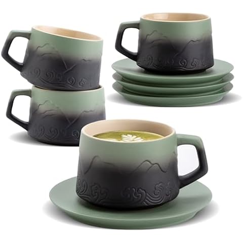 ZENS 8 Ounce Cappuccino Cups Set of 4, Embossed Artistic Cappuccino Mug with Saucers for Latte Art, Ceramic Cappuccino Coffee Cups for Au Lait Cafe or Matcha Tea Cup Gifts, Moss Green & Black Cover