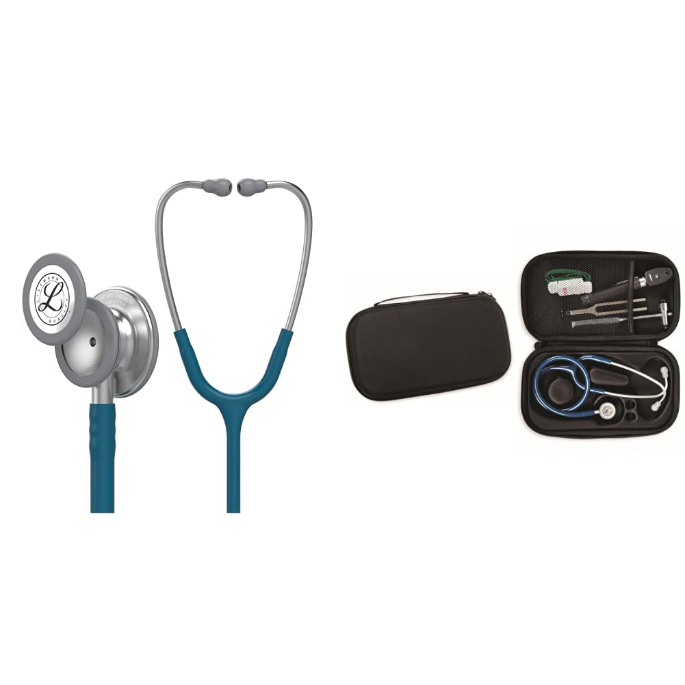 Stetoscopio per il monitoraggio 3M™ Littmann® Classic III™, tubo auricolare blu Caraibi, 69 cm, 5623 & GIMA ASTUCCIO PORTA FONENDO - Colore Nero. Uso Professionale. Custodia rigida protettiva