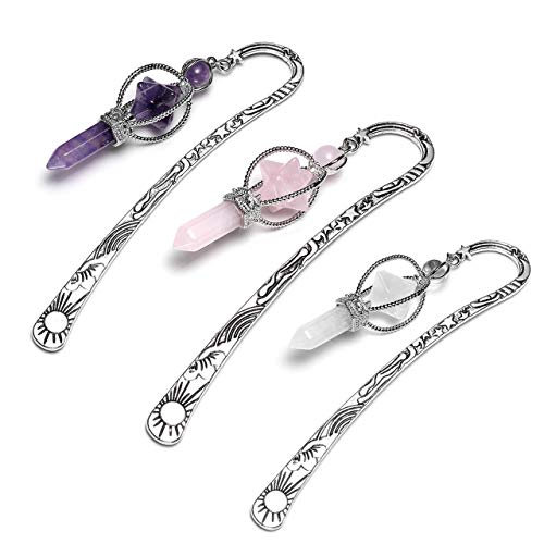 Jovivi 3Pcs Anqitue Silver Metal Bookmark For Women Beading Bookmarks With Crystal Quartz Merkaba Hexagonal Pointed Bead #TOP20