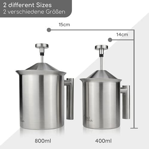 Milu Milk frother Hand Pump foamer | 400ml, 800ml | Stainless Steel, Manual Milk Frothing Pitchers for Coffee, Cappuccino, Latte, hot Chocolate (Stainless Steel, 400ml)