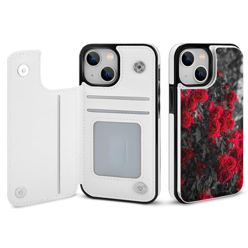適用 iPhone13用ケース 手帳型 赤と黒 薔薇 花柄 スマホケース カード収納 スタンド機能 アイフォン13ケース 耐衝撃 PUレザー カバー 財布型 Case