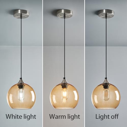 Image of Light Brown Glass Pendant Lights Kitchen Island Lighting Globe Pendant Light Fixtures Modern Pendant Lighting for Bedroom Living Dining Room Light Fixture (7.87 in, 3 Pack)