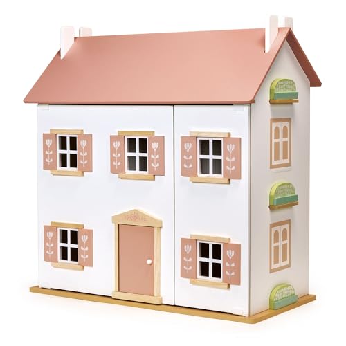 mentari Clover Cottage Dolls House de dos pisos, madera, interactivo, juego imaginativo, niños, niñas