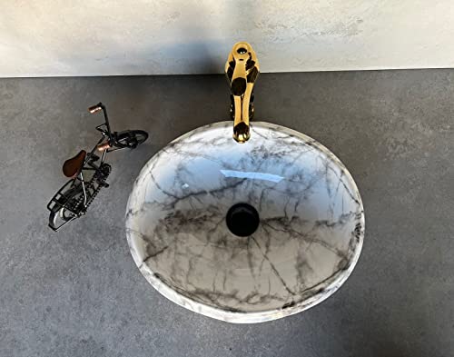 Image of Designer Glossy Finish Ceramic Art Table Top Wash Basin For Bathroom | Collapsible Countertop Washbasin (Black White Glossy Art, 16 x 13 x 6 Inch)