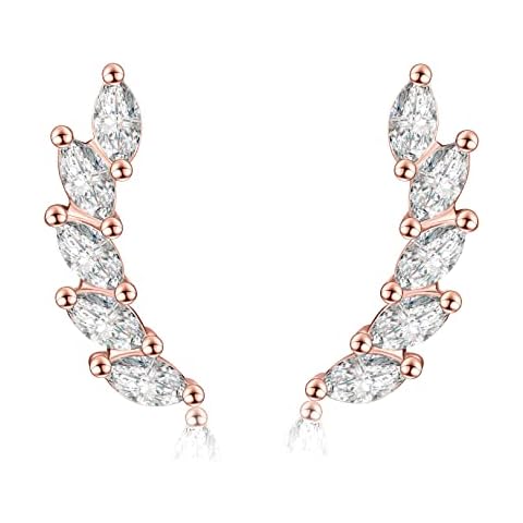 Silver Stud Earrings for Women | 5 CZ Cubic Zirconia Curved Climber Crawler Earrings Leaf Cluster Ear Studs | Small Angel Wings Hypoallergenic Cartilage Helix Piercing Jewelry Gifts Cover
