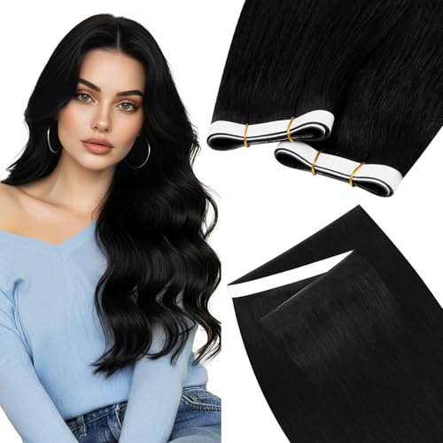 Image of LaaVoo Tape in Weft Hair Extensions Human Hair Black Long Weft Tape Human Hair Extension Jet Black Invisible Tape on Extensions Human Hair 20inch 50G
