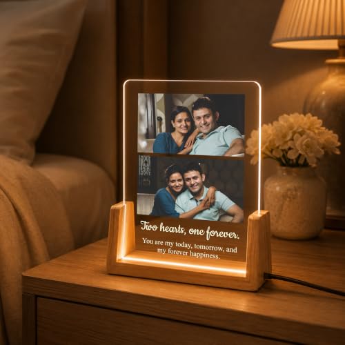 Image of Giftplease Personalized LED Acrylic Photo Frame with Custom Photos & Text | Engraved Acrylic Picture Lamp | Wooden LED Base | USB Night Light | Anniversary Wedding Birthday Couple Family Home Decor