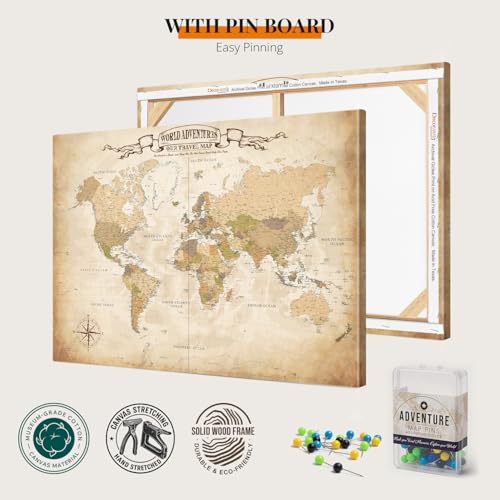 Image of DECORARTS - Oversized World Travel Map with Pins, Pin Board Canvas Wall Art, Extra Large Antique Old World Maps for Wall, Giclee Print, Handcrafted in USA, 40x30''