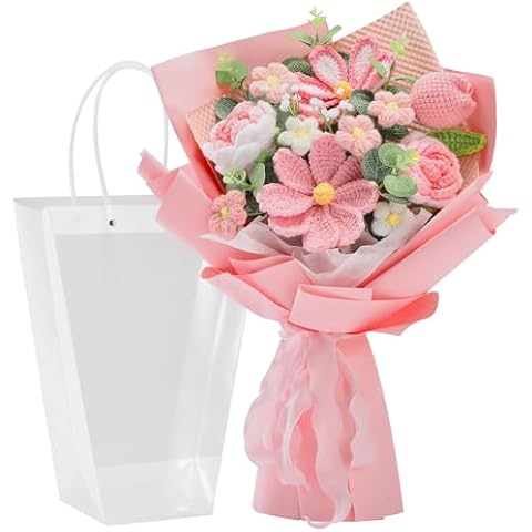 Alecono Crochet Flower Bouquet, Knitted Flowers, Crochet Tulip Galsang flower for Lover Valentine's Day Anniversary Birthday Party Mother's Day Graduation Gifts (Pink) Cover