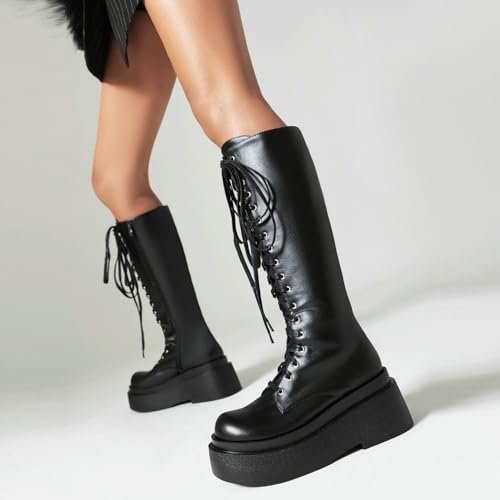 Image of Parisuit Women's Knee High Goth Platform Boots Lace Up Combat Boots