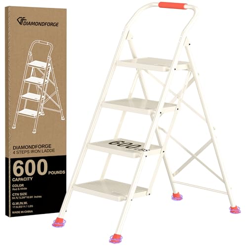 Step Ladder Foldable Folding Stool - for Home Adults Kitchen 4 Stepping Extension Tall Heavy Duty with Handrails - Closet Stepstool Stair Ladders Extendable Stepladder for Indoor House 600Lbs