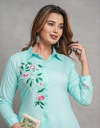 Image of Casual Full Sleeve Hand Embroidery Rayon Women's Long Shirt