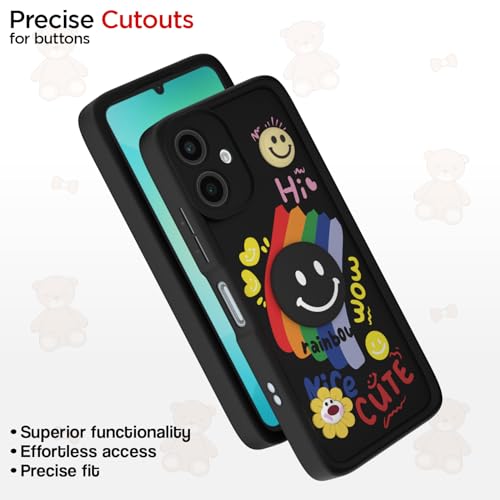 Image of Pikkme Back Cover for Samsung Galaxy A06 | Soft Silicone| Cute Rainbow Smile & 3D Cartoon Flower Design | Shockproof Raised Camera Protection Bumper Case (Black)
