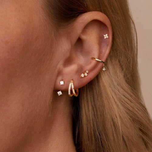 Image of Gold Earrings for Women, 14k Gold Plated Dangle Huggie Earrings for Women Trendy Dainty Gold Hoop Earring Stacks Hypoallergenic Pearl Chain Drop Cartilage Earring Fashion Womens Jewelry