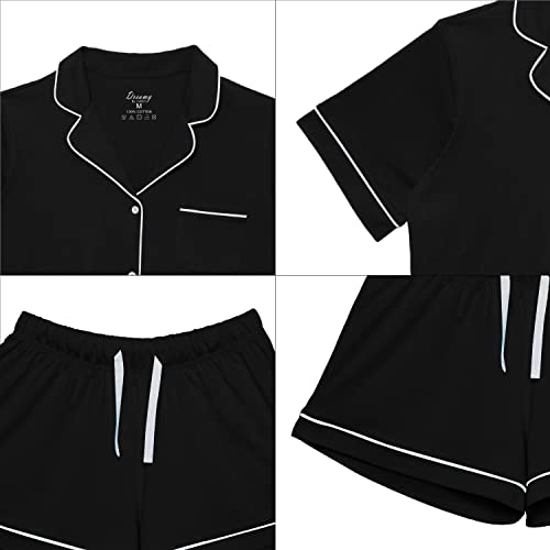Lubot Women's Pajamas Set Cotton Short Sleeve Button-Down Shirt Pj Pants Two-Piece Shorts Set Summer Night Suit Sleepwear Loungewear (Black, M) #TOP5