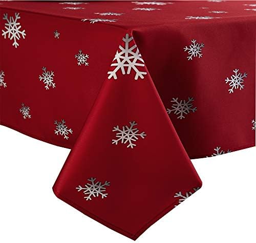 Linnovo Decorative Christmas Tablecloth, Wrinkle and Water Resistant Holiday Table Cloth for Square and Rectangle Tables, Polyester Fabric Red Table Cover 60 x 102 Inch, Gradient Solid Snowflake