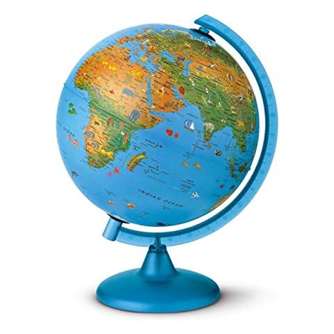 Tecnodidattica 0325ACIN0AR1A06 Arca Globe for Children | with Animals and World-Famous Landmarks |Illuminated and revolving | Graduated Meridian | Cartography in English | 10"/25cm Diameter, Blue Cover