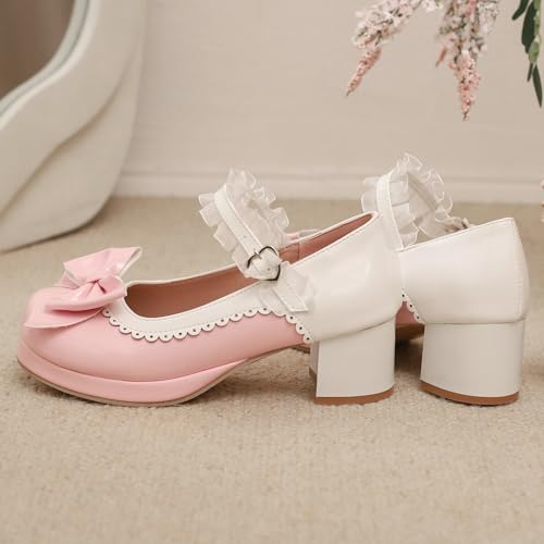 LUXMAX Women Cute Mary Janes with Bow Chunky Heel Kawaii Shoes Sweet Lolita Shoes Mid Heel Cosplay Pumps4